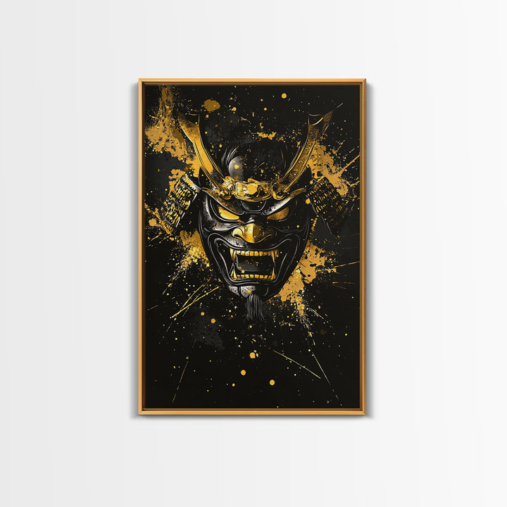 Vampire Mask Gold Canvas Print, Gothic Splatter Wall Art, Horror Decor, Real Wood Frame, Dark Artistic Statement Artwork