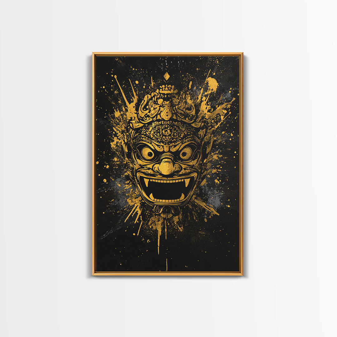 Balinese Barong Mask Gold Canvas Print, Tribal Wall Art, Mythical Creature Artwork, Real Wood Frame, Unique Home Decor