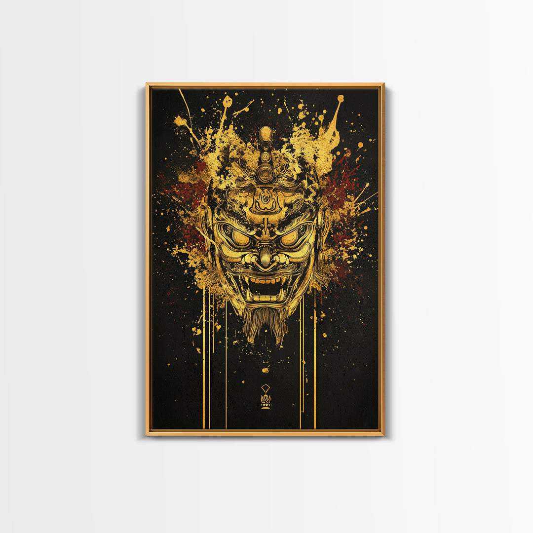 Tibetan Demon Mask Gold Canvas Print, Spiritual Wall Art, Fierce Mythical Face Art, Real Wood Frame, Bold Statement Decor
