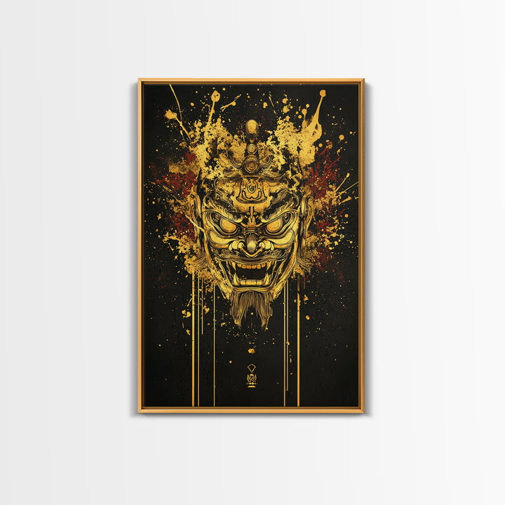 Tibetan Demon Mask Gold Canvas Print, Spiritual Wall Art, Fierce Mythical Face Art, Real Wood Frame, Bold Statement Decor