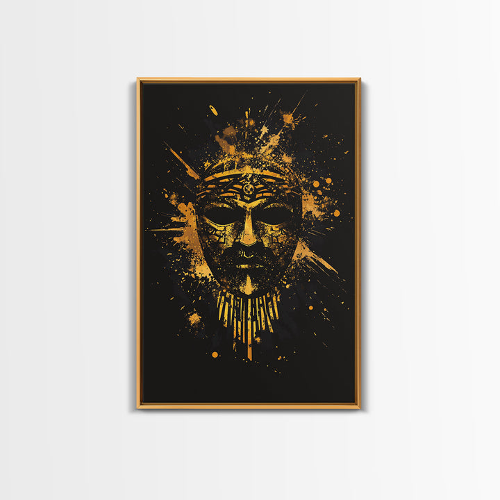 Ancient Warrior Mask Gold Canvas Print, Historical Wall Art, Tribal Battle Mask Artwork, Real Wood Frame, Striking Home Accent