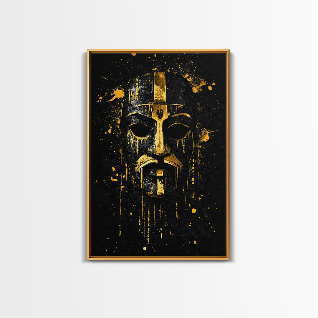 Medieval Mask Gold Canvas Print, Warrior Face Wall Art, Historic Armor Artwork, Real Wood Frame, Bold Statement Home Decor