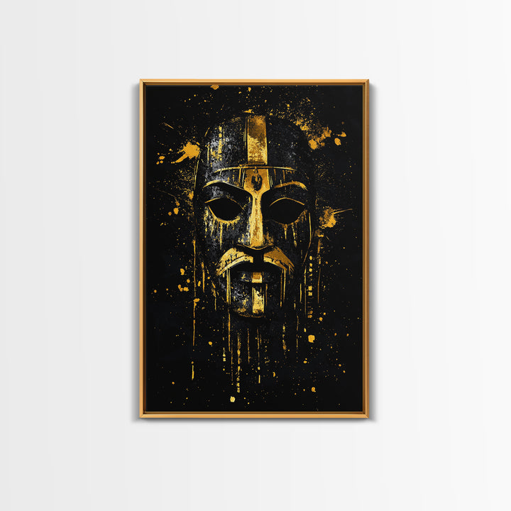 Medieval Mask Gold Canvas Print, Warrior Face Wall Art, Historic Armor Artwork, Real Wood Frame, Bold Statement Home Decor