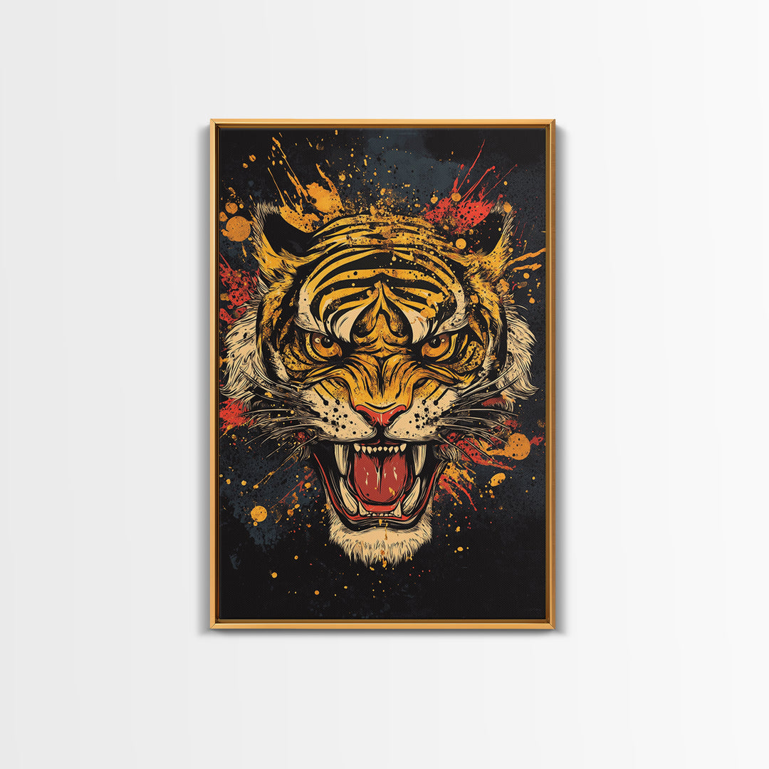 Roaring Tiger Gold Canvas Print, Wildlife Wall Art, Bold Jungle Cat Artwork, Real Wood Frame, Intense Animal Decor For Home