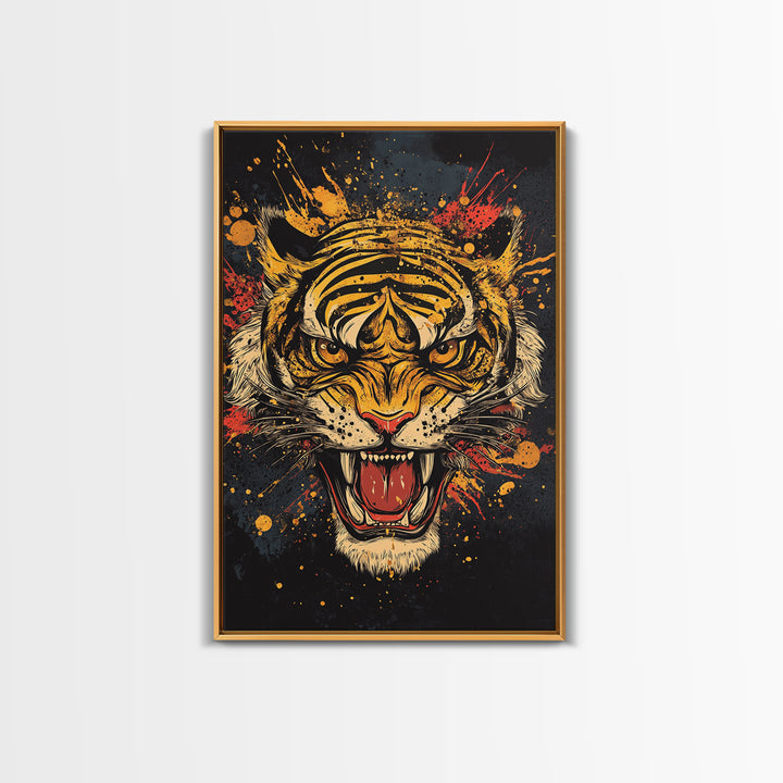 Roaring Tiger Gold Canvas Print, Wildlife Wall Art, Bold Jungle Cat Artwork, Real Wood Frame, Intense Animal Decor For Home