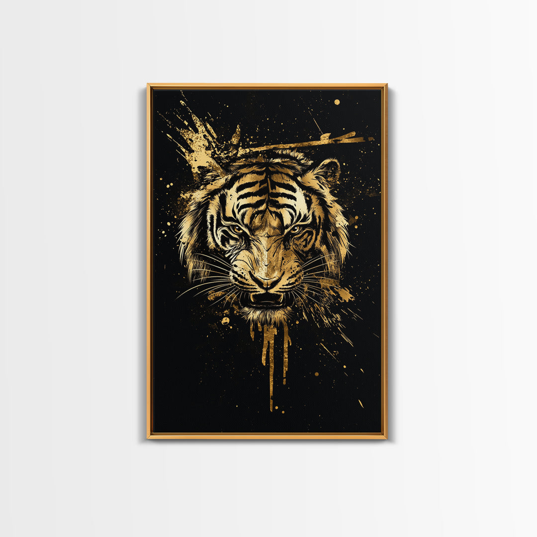 Tiger Head Gold Canvas Print, Fierce Jungle Cat Wall Art, Animal Spirit Artwork, Real Wood Frame, Powerful Wildlife Home Decor