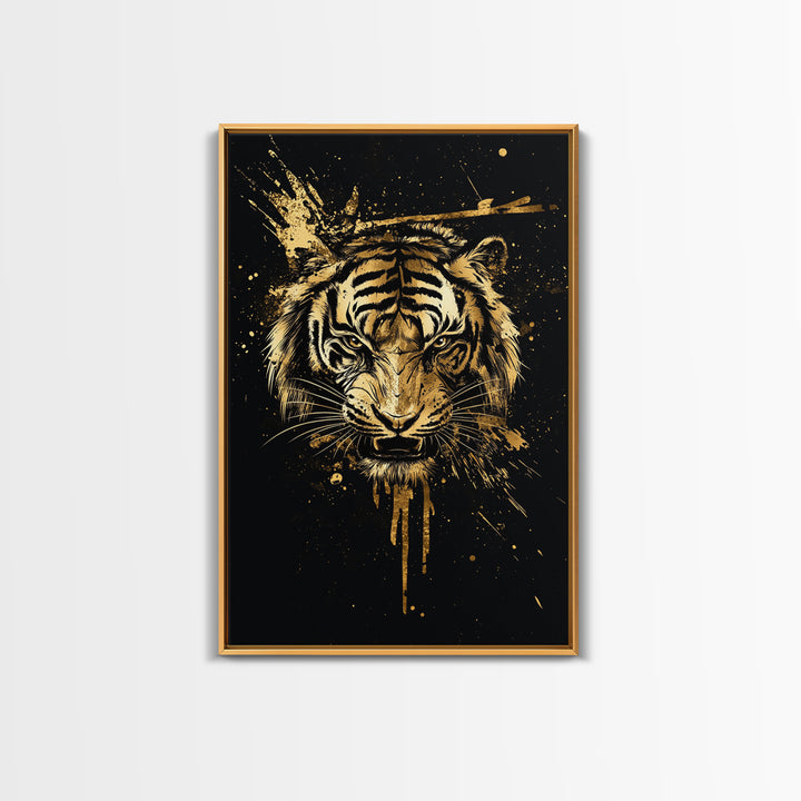 Tiger Head Gold Canvas Print, Fierce Jungle Cat Wall Art, Animal Spirit Artwork, Real Wood Frame, Powerful Wildlife Home Decor
