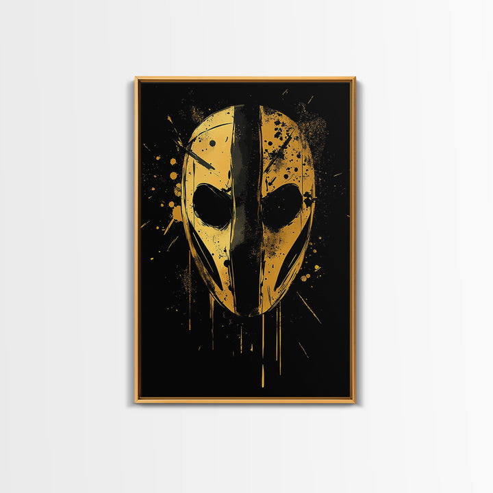 Abstract Mask Gold Canvas Print, Tribal Wall Art, Mysterious Face Artwork, Real Wood Frame, Bold Splatter Paint Effect Decor
