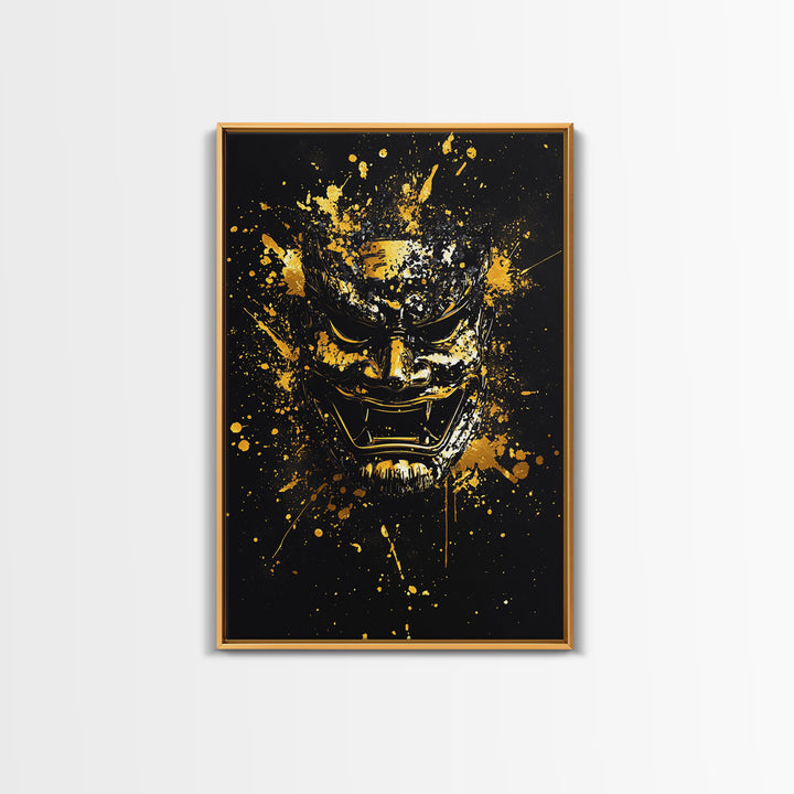 Samurai Mask Gold Canvas Print, Japanese Warrior Art, Splatter Style Wall Decor, Fierce Samurai Artwork, Real Wood Framed