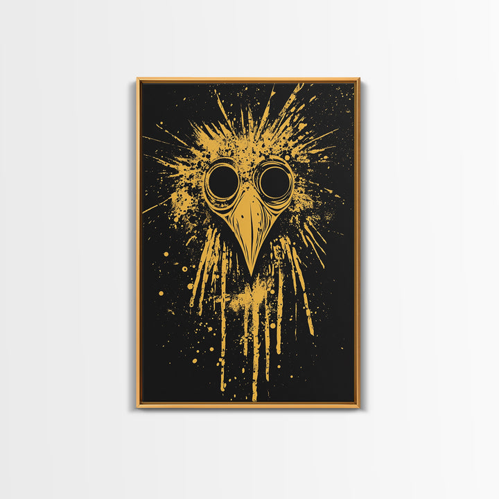 Plague Doctor Mask Gold Canvas Print, Gothic Splatter Art, Dark Fantasy Wall Decor, Unique Gothic Artwork, Real Wood Framed