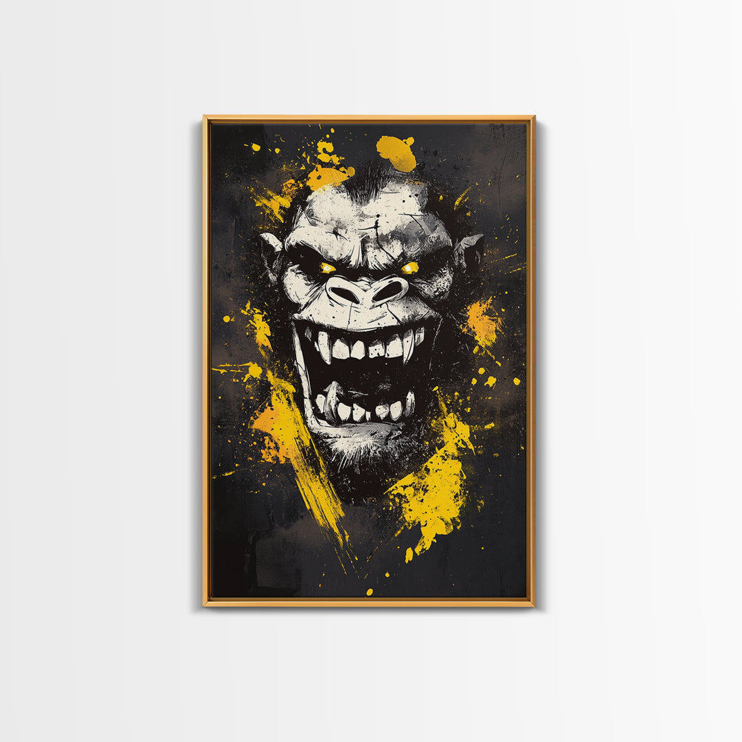 Gorilla Face Gold Canvas Print, Wild Splatter Art, Bold Jungle Wall Decor, Fierce Animal Artwork, Real Wood Framed