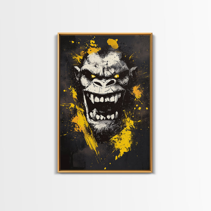 Gorilla Face Gold Canvas Print, Wild Splatter Art, Bold Jungle Wall Decor, Fierce Animal Artwork, Real Wood Framed