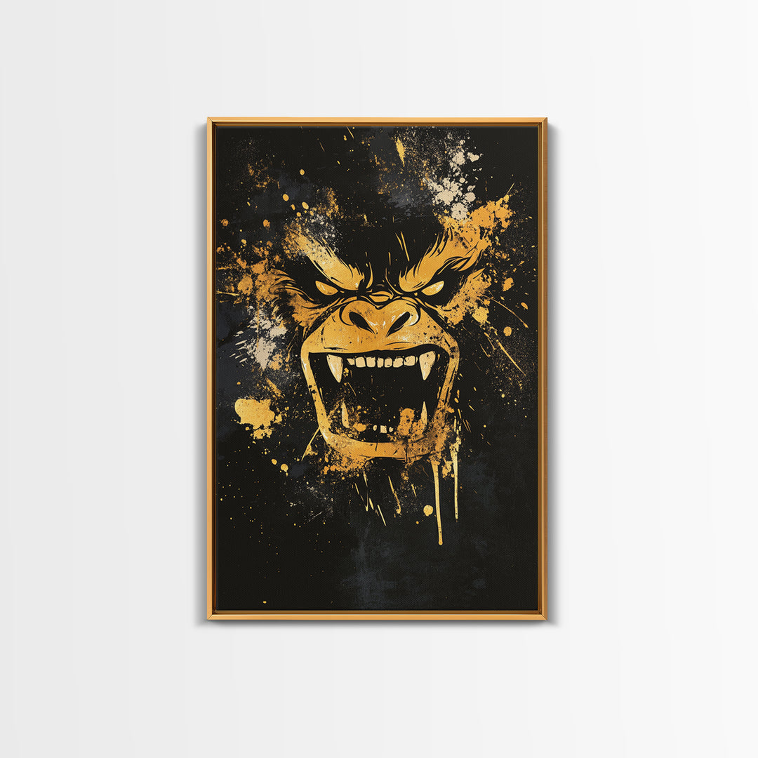 Angry Gorilla Gold Canvas Print, Tribal Splatter Art, Primal Jungle Wall Decor, Bold Animal Artwork, Real Wood Framed