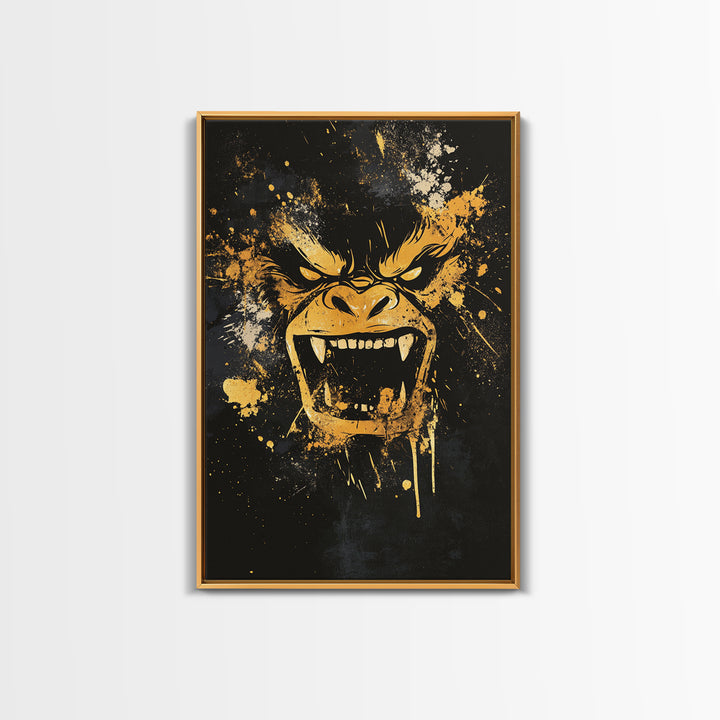 Angry Gorilla Gold Canvas Print, Tribal Splatter Art, Primal Jungle Wall Decor, Bold Animal Artwork, Real Wood Framed