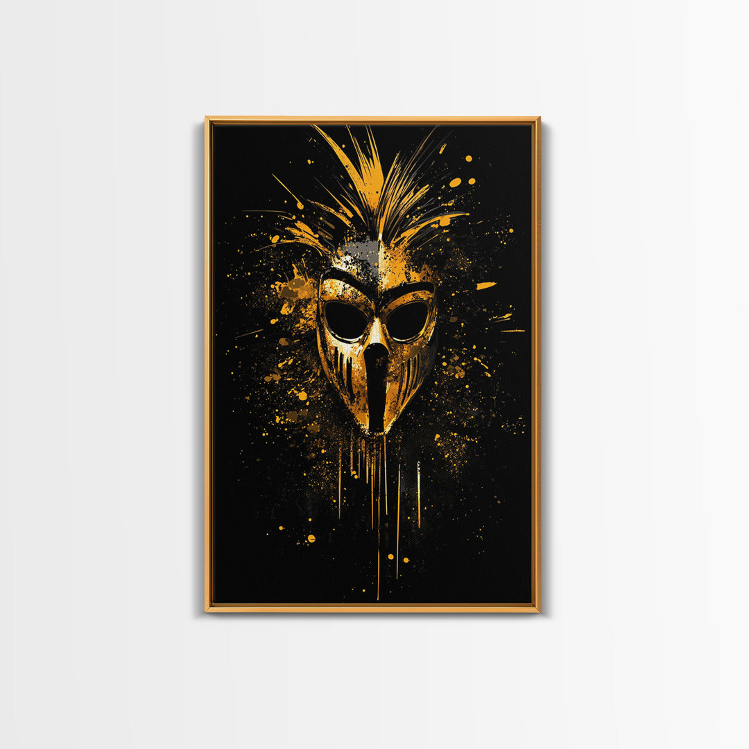 Tribal Warrior Mask Gold Canvas Print, African Inspired Splatter Art, Bold Tribal Wall Decor, Fierce Artwork, Real Wood Framed