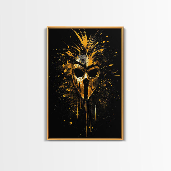 Tribal Warrior Mask Gold Canvas Print, African Inspired Splatter Art, Bold Tribal Wall Decor, Fierce Artwork, Real Wood Framed