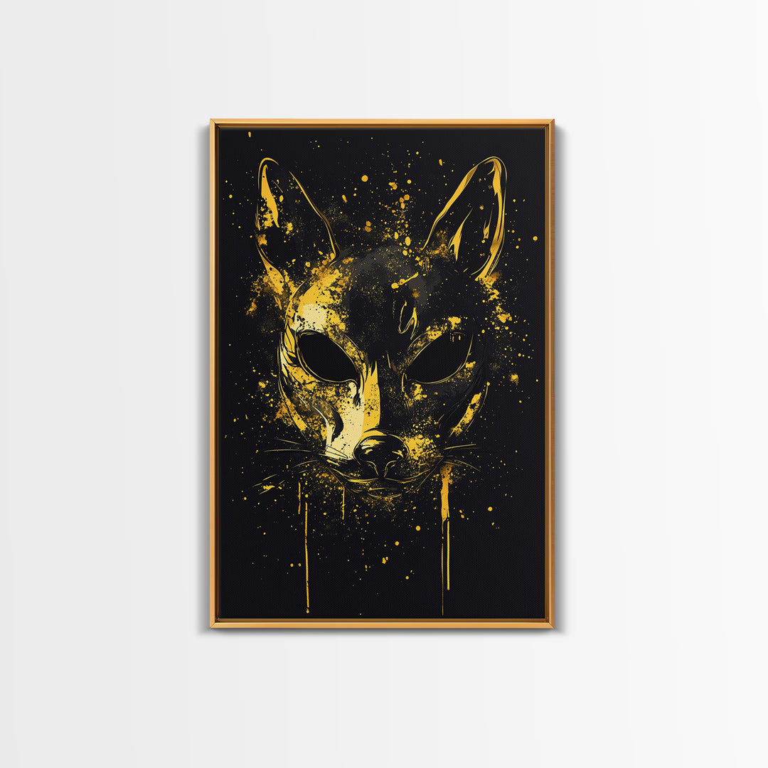 Cat Mask Gold Canvas Print, Mystical Splatter Art, Animal Spirit Wall Decor, Unique Feline Artwork, Real Wood Framed