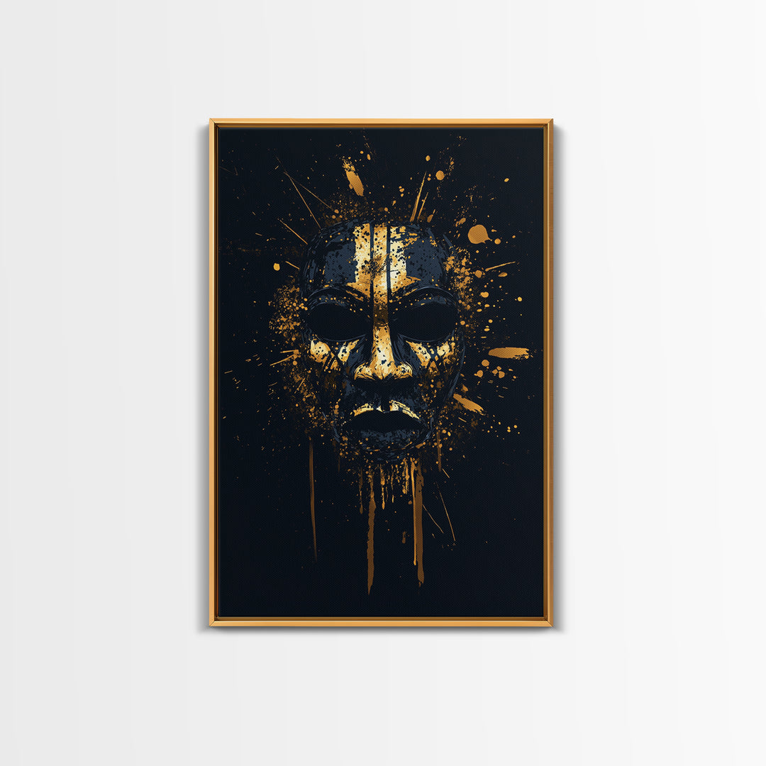 Tribal Splatter Mask Gold Canvas Print, Bold Cultural Art, Unique Splatter Wall Decor, Ethnic Mask Artwork, Real Wood Framed