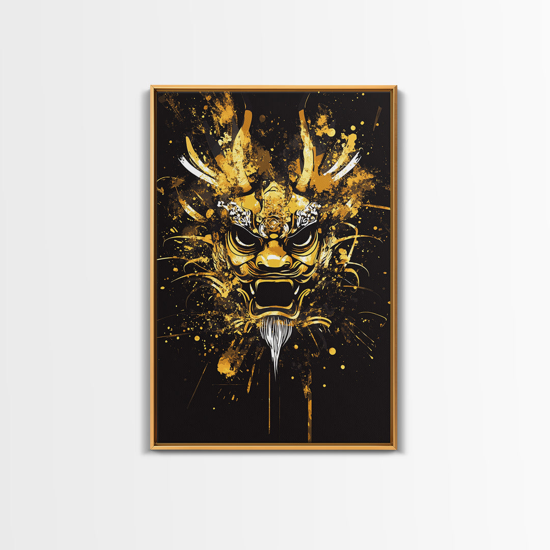 Dragon Mask Gold Canvas Print, Mythical Splatter Art, Asian Inspired Wall Decor, Fierce Dragon Artwork, Real Wood Framed
