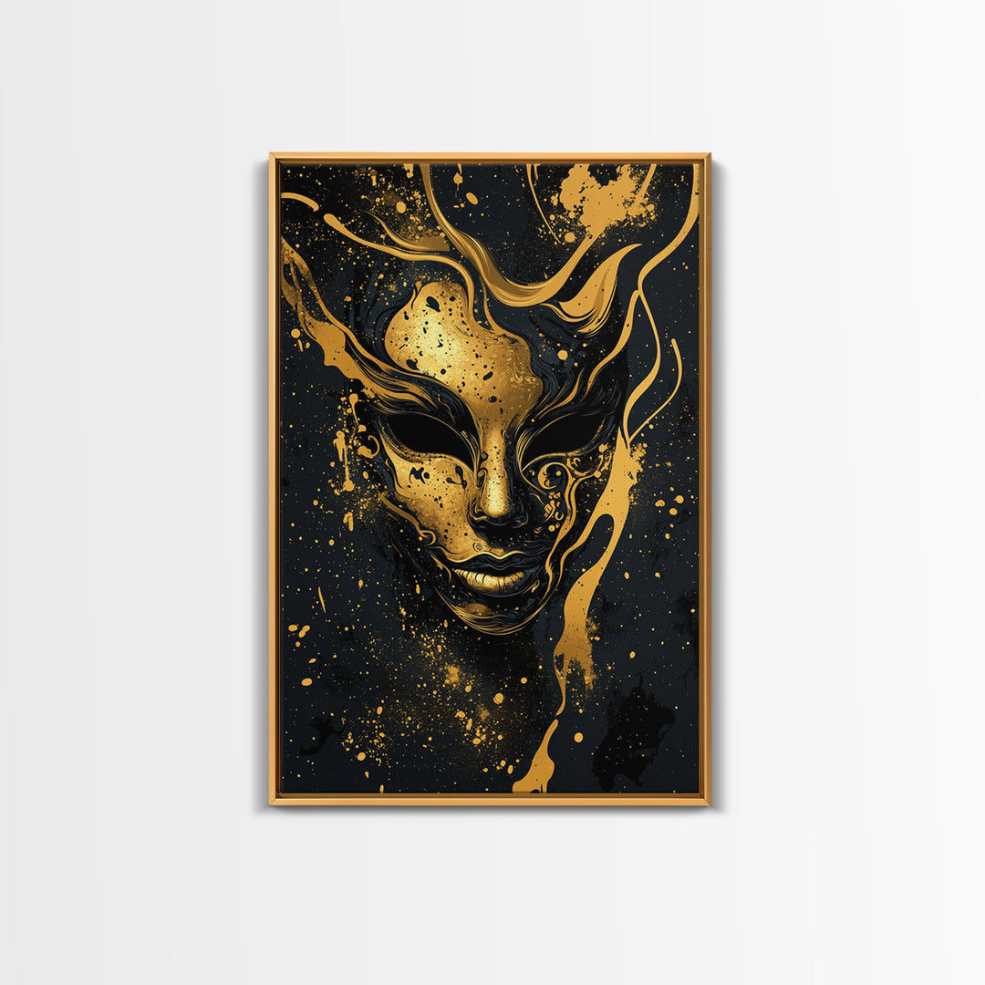 Abstract Face Mask Gold Canvas Print, Surreal Splatter Art, Bold Modern Wall Decor, Unique Artistic Artwork, Real Wood Framed
