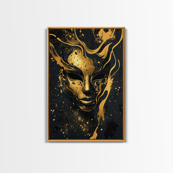 Abstract Face Mask Gold Canvas Print, Surreal Splatter Art, Bold Modern Wall Decor, Unique Artistic Artwork, Real Wood Framed