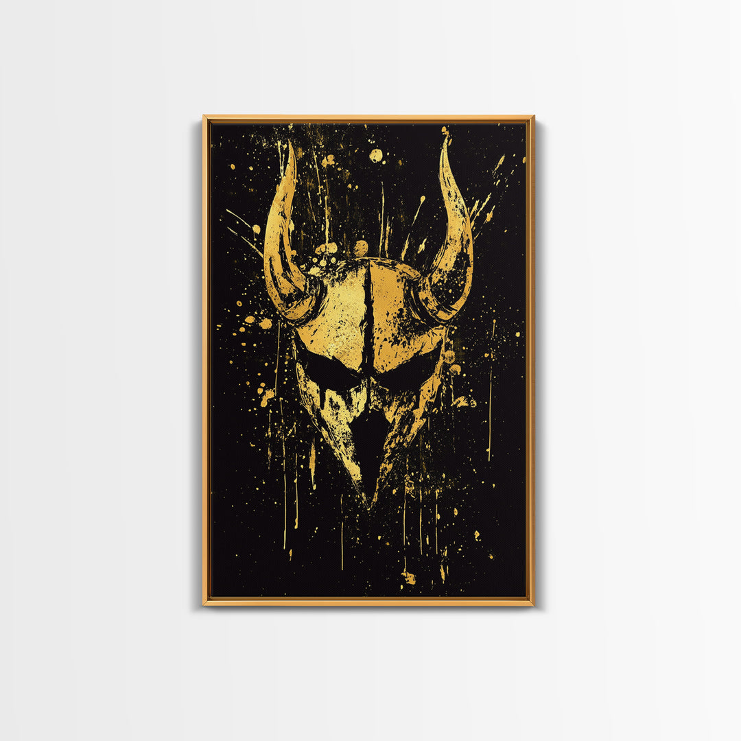 Viking Horned Helmet Gold Canvas Print, Bold Warrior Decor, Mythology Wall Art, Real Wood Framed Canvas Artwork