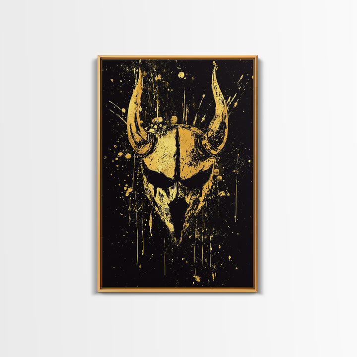 Viking Horned Helmet Gold Canvas Print, Bold Warrior Decor, Mythology Wall Art, Real Wood Framed Canvas Artwork
