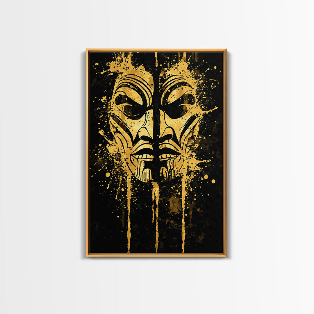 Tribal Warrior Mask Gold Canvas Print, Maori Inspired Art, Ethnic Wall Decor, Real Wood Framed Gold Canvas Artwork