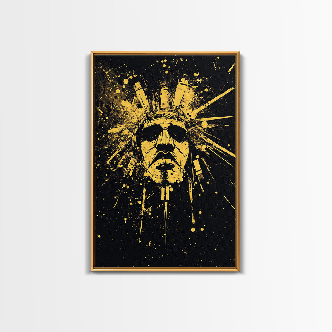 Ancient Sun God Gold Canvas Print, Tribal Deity Wall Decor, Mystical Home Art, Real Wood Framed Statement Artwork