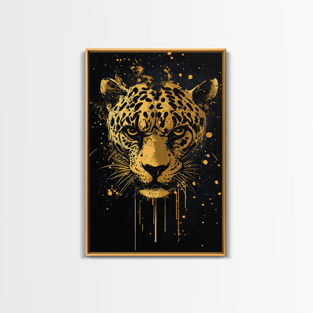 Leopard Head Gold Canvas Print, Jungle Cat Wall Art, Animal Spirit Decor, Real Wood Framed Fierce Modern Artwork