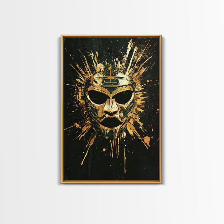 Ancient Warrior Mask Gold Canvas Print, Mythology Wall Decor, Spiritual Protection Art, Real Wood Framed Artwork
