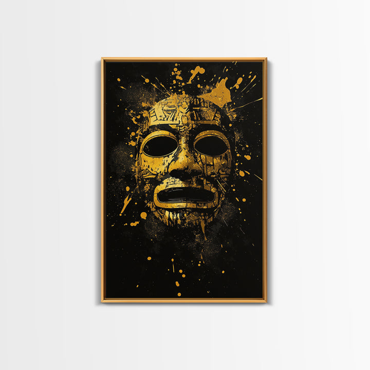 Aztec Mask Gold Canvas Print, Ancient Mythology Art, Tribal Wall Decor, Real Wood Framed Cultural Gold Artwork
