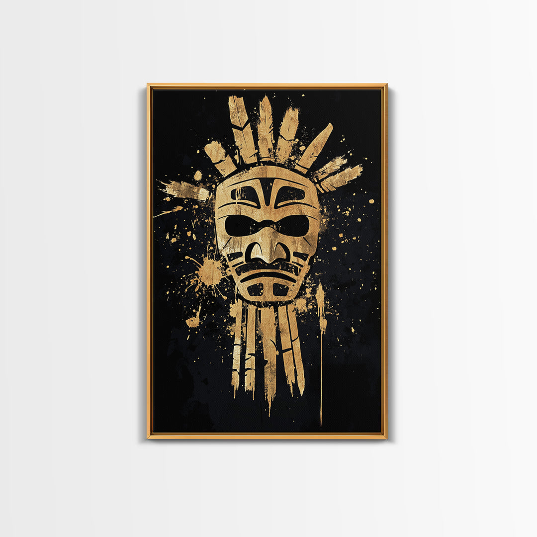 Tribal Sun Mask Gold Canvas Print, Ancestral Wall Art, Sacred Symbol Decor, Real Wood Framed Mystical Gold Artwork