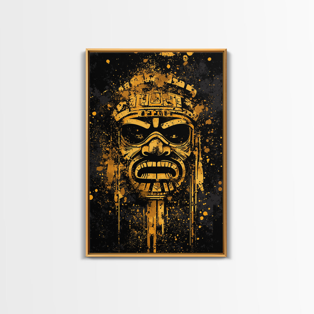 Ancient Tribal Mask Gold Canvas Print, Cultural Art, Bold Splatter Wall Decor, Real Wood Frame, Dramatic Mask Artwork