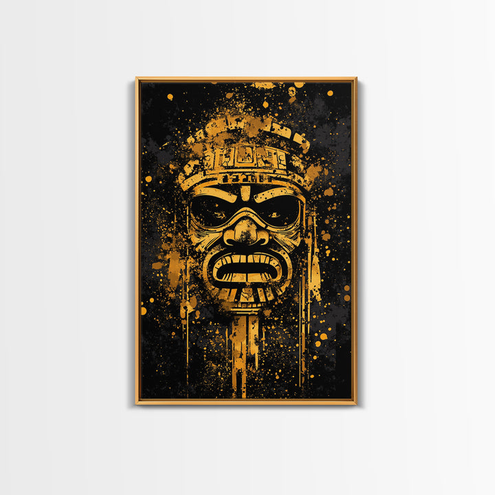 Ancient Tribal Mask Gold Canvas Print, Cultural Art, Bold Splatter Wall Decor, Real Wood Frame, Dramatic Mask Artwork