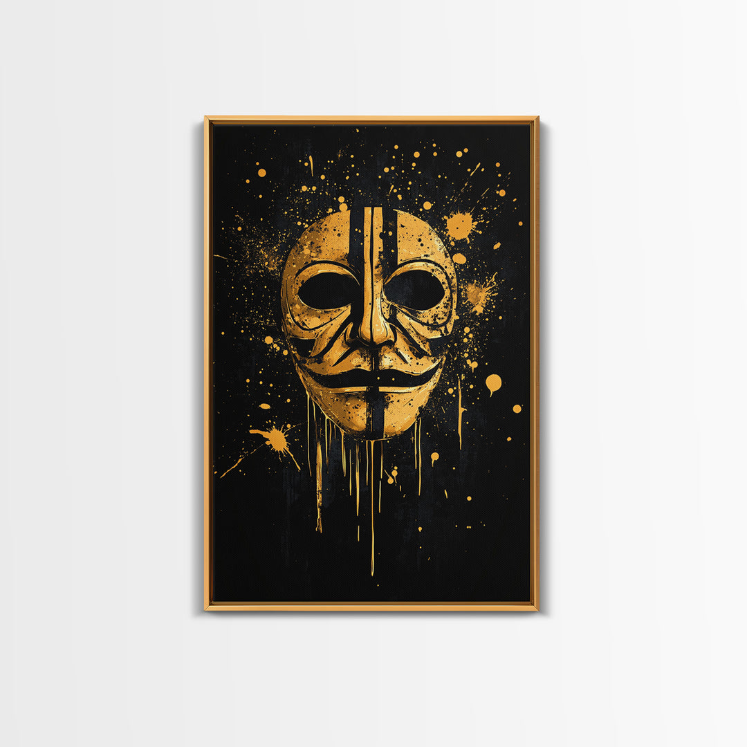 Mystical Mask Gold Canvas Print, Abstract Tribal Art, Splatter Canvas Wall Decor, Real Wood Frame, Modern Statement Artwork