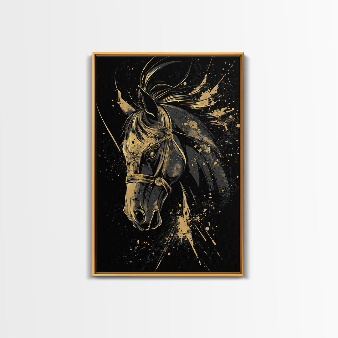 Majestic Horse Gold Canvas Print, Equestrian Wall Art, Splatter Style Decor, Real Wood Frame, Bold Animal Artwork