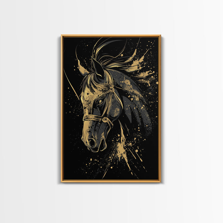 Majestic Horse Gold Canvas Print, Equestrian Wall Art, Splatter Style Decor, Real Wood Frame, Bold Animal Artwork