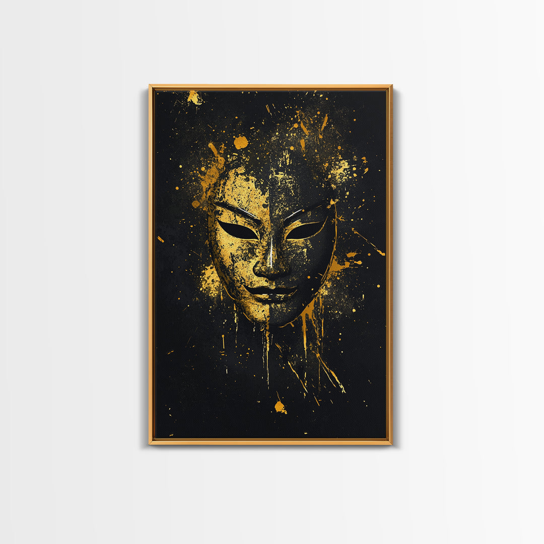 Elegant Tribal Face Gold Canvas Print, Abstract Cultural Mask Art, Modern Wall Decor, Real Wood Frame, Splatter Artwork
