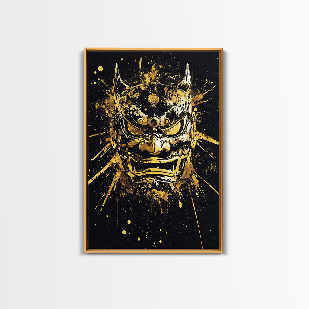 Demon Mask Gold Canvas Print, Fierce Samurai Style Art, Splatter Wall Decor, Real Wood Frame, Bold Statement Artwork