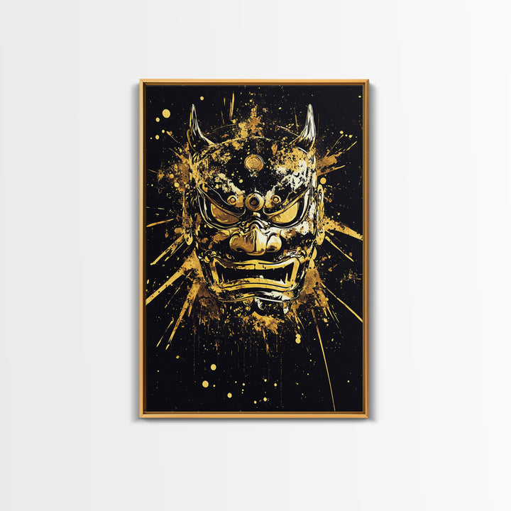 Demon Mask Gold Canvas Print, Fierce Samurai Style Art, Splatter Wall Decor, Real Wood Frame, Bold Statement Artwork