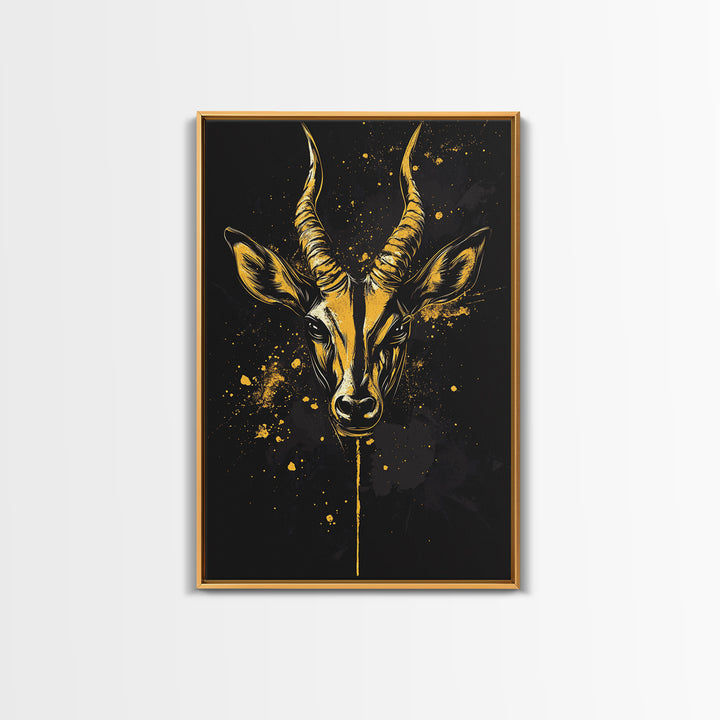 Antelope Head Gold Canvas Print, Wildlife Art, Splatter Animal Decor, Real Wood Frame, Bold Tribal Inspired Artwork