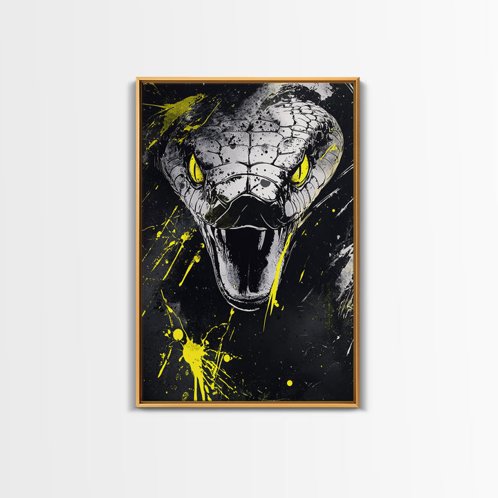 Viper Snake Gold Canvas Print, Venomous Reptile Art, Bold Splatter Wall Decor, Real Wood Frame, Fierce Snake Artwork