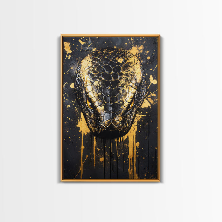 Python Snake Gold Canvas Print, Tribal Reptile Art, Bold Canvas Wall Decor, Real Wood Frame, Splatter Animal Artwork