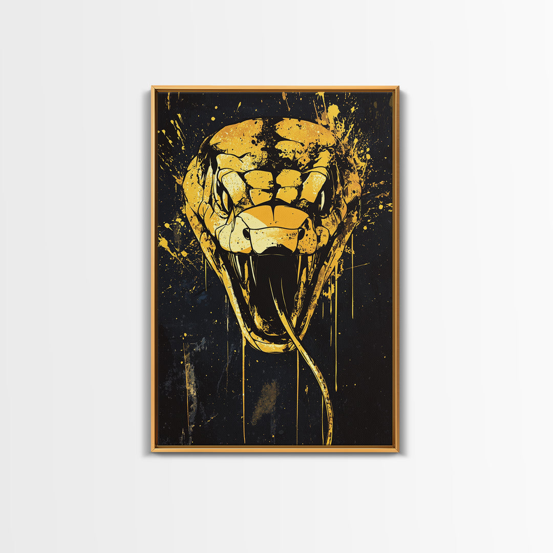 Cobra Head Gold Canvas Print, Fierce Snake Art, Splatter Style Canvas Decor, Real Wood Frame, Bold Animal Statement Artwork