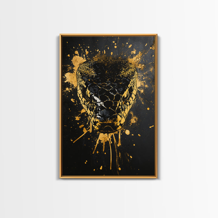 Fierce Snake Head Art,Modern Animal Wall Decor,Real Wood Frame,Bold Reptile Artwork,Striking Home Accent