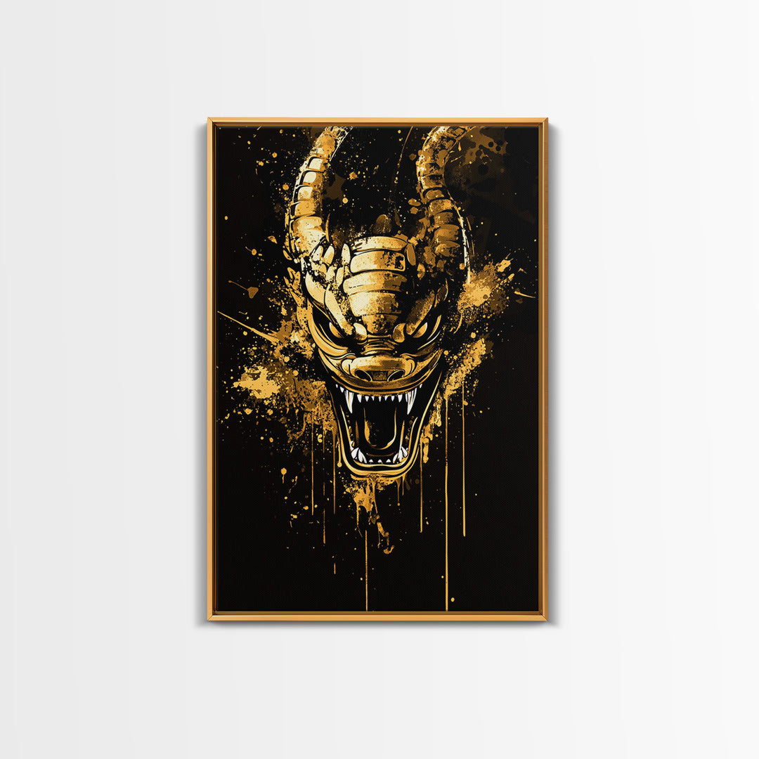Mythical Dragon Face Artwork,Modern Fantasy Wall Decor,Real Wood Frame,Bold Creature Art,Striking Home Accent