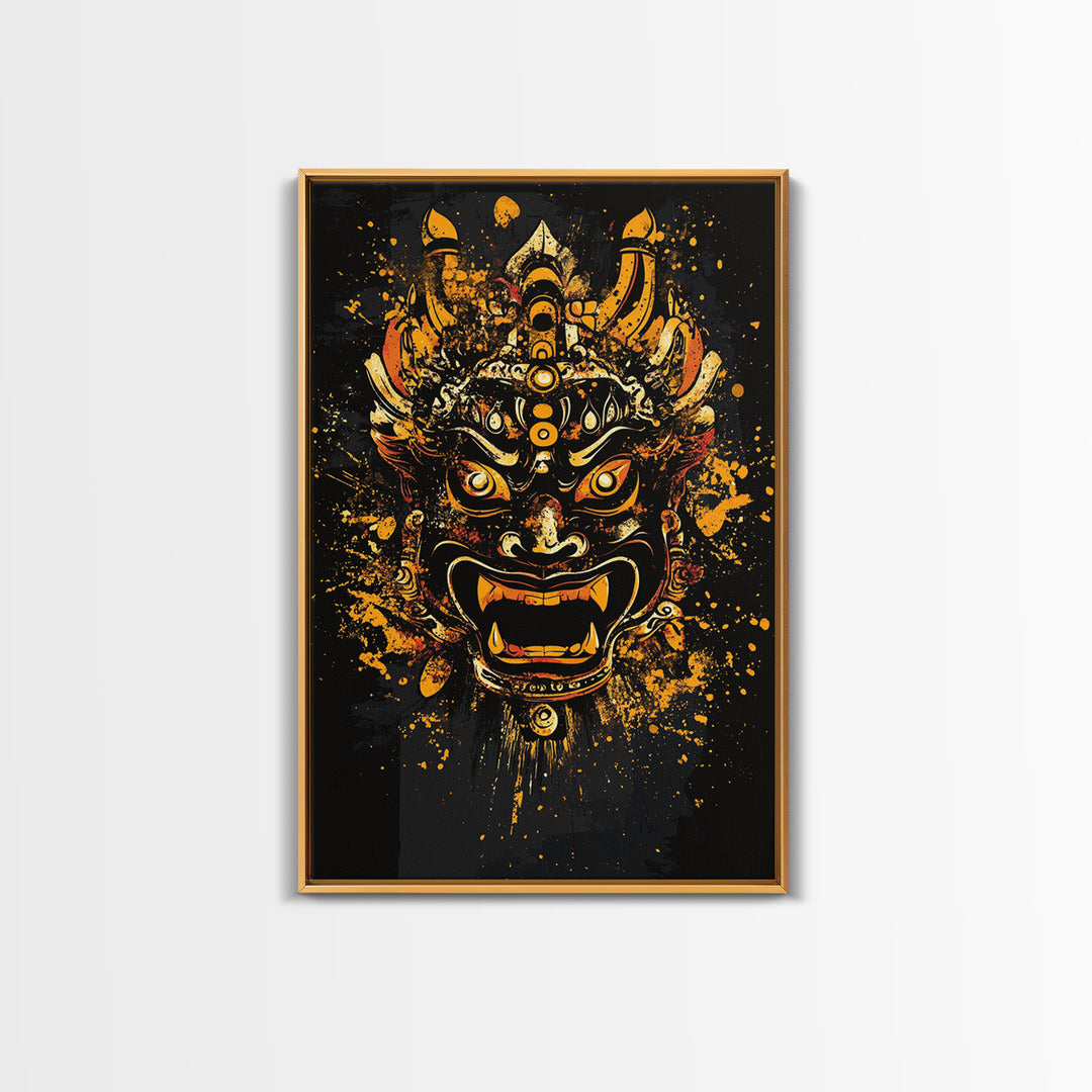 Fierce Demon Mask Artwork,Modern Cultural Wall Decor,Real Wood Frame,Bold Mythical Art,Striking Statement Accent