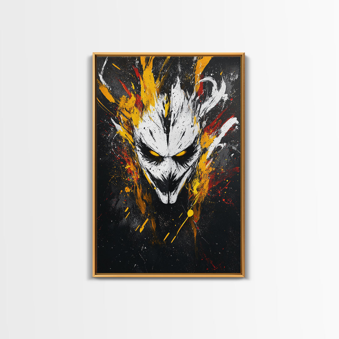 Intense Mask Artwork,Modern Abstract Wall Decor,Real Wood Frame,Bold Fiery Art,Striking Vibrant Statement Piece