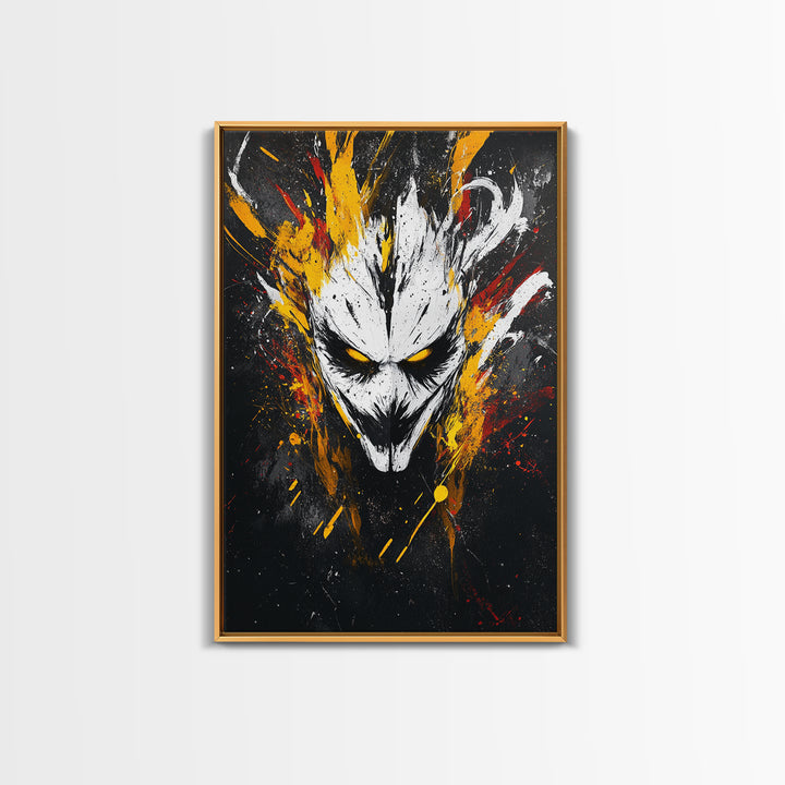 Intense Mask Artwork,Modern Abstract Wall Decor,Real Wood Frame,Bold Fiery Art,Striking Vibrant Statement Piece